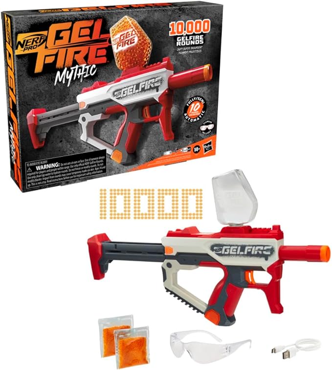 Nerf Pro Gelfire Mythic Full Auto Blaster & 10,000 Gelfire Rounds, 800 Round Hopper, Rechargeable Battery, Eyewear, Ages 14 & Up