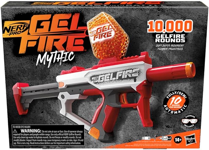 Nerf Pro Gelfire Mythic Full Auto Blaster & 10,000 Gelfire Rounds, 800 Round Hopper, Rechargeable Battery, Eyewear, Ages 14 & Up