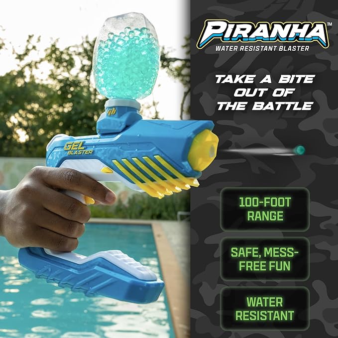 The Original Gel Blaster Piranha - Waterproof Splat Ball Gun Gel Blasters with Water Based Beads - Extended 100+ Foot Range - Automatic Blaster for Outdoor Games & Pool Toys - Ages 14+